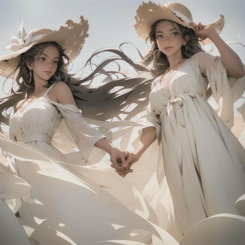 [full:upper:6] body photo of an attractive 30 year old beautiful woman wearing casual sundress and a sun hat standing in wheat fields holding one hand in the air, solo, [caucasian|swedish|italian], messy long [white|blonde] hair, slim body, large green eyes, luscious lips, freckles, looking at the camera, detailed face, detailed eyes, detailed clothes, rural area background, in front of a village, dust, dusty and dirty environment, drought, heatwave, sun rays, midday, summer, heat distorted air, heat distortion, soft lighting, cinematic lighting, backlight, desaturated, refracted sunlight, medium depth of field, high quality, ultradetailed, sharp focus, dslr, uhd, hdr, 8k, intricate details, hyperdetailed, f/5.6, absurdres, professional, photorealistic, photo-realistic, realism, hyperrealism, art photography, analog, award winning masterpiece, vintage, dynamic composition