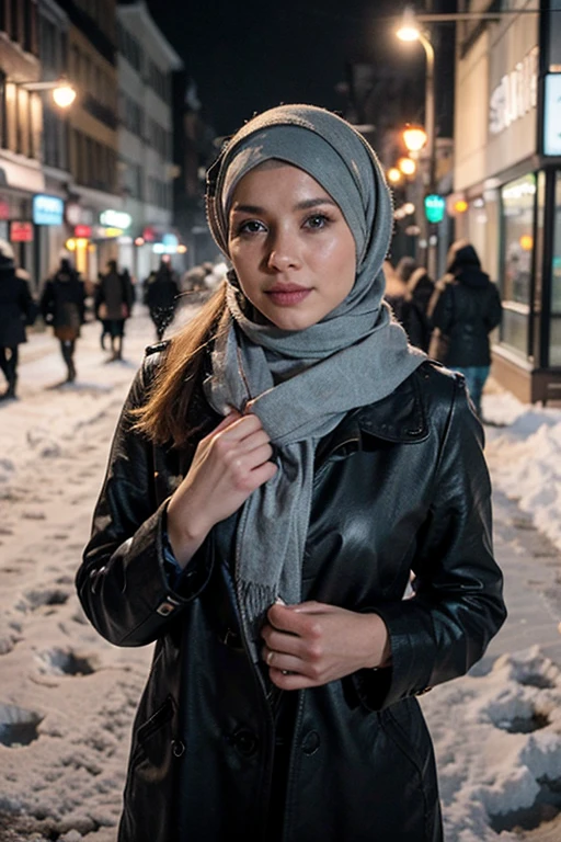 professional portrait photograph of a gorgeous Norwegian girl in winter clothing with hijab, sultry flirty look, gorgeous symmetrical face, cute natural makeup, wearing elegant warm winter fashion clothing, ((standing outside in snowy city street)), stunning modern urban environment, ultra realistic, concept art, elegant, highly detailed, intricate, sharp focus, depth of field, f/1. 8, 85mm, medium shot, mid shot, (((professionally color graded))), bright soft diffused light, (volumetric fog), trending on instagram, hdr 4k, 8k