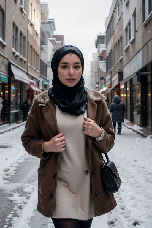 professional portrait photograph of a gorgeous Norwegian girl in winter clothing with hijab, sultry flirty look, gorgeous symmetrical face, cute natural makeup, wearing elegant warm winter fashion clothing, ((standing outside in snowy city street)), stunning modern urban environment, ultra realistic, concept art, elegant, highly detailed, intricate, sharp focus, depth of field, f/1. 8, 85mm, medium shot, mid shot, (((professionally color graded))), bright soft diffused light, (volumetric fog), trending on instagram, hdr 4k, 8k