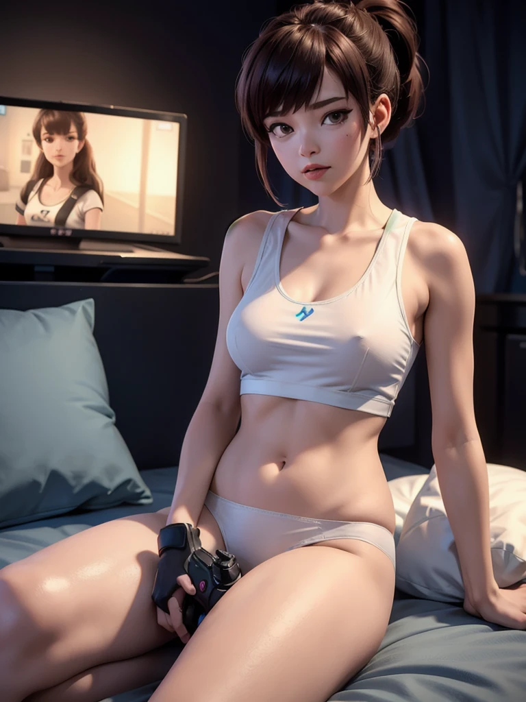 (ponytail), she is wearing a ( ice white cropped loose fit t-shirt), the cropped shirt is hanging (open) at the bottom as it is loose,  1 girl solo, cinematic lighting, high resolution, physically-based rendering, 8k,  gaming setup in background, (she has very small  breasts), nsfw,  you can see the (whole room) and her sitting on the bed, she wears an (underwear slim panty)  her arms are on a game controller, DVA is gaming before sleeping