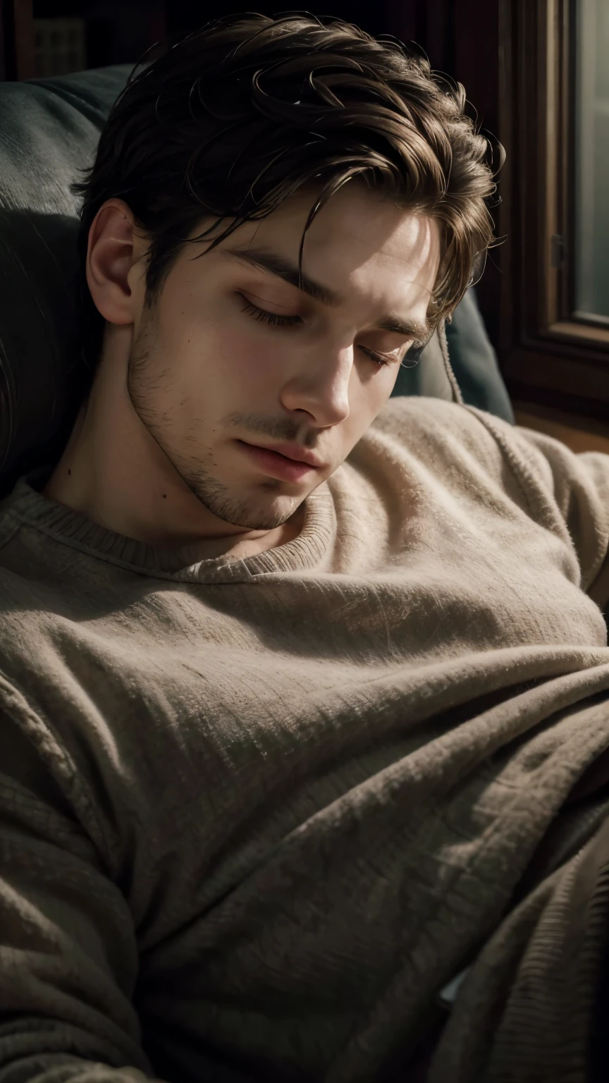 a man sleeping in an armchair, detailed facial features, realistic, photorealistic, high quality, detailed clothing, relaxed pose, comfortable armchair, warm lighting, cozy interior, depth of field, ambient occlusion, chiaroscuro lighting, cinematic composition, muted color palette