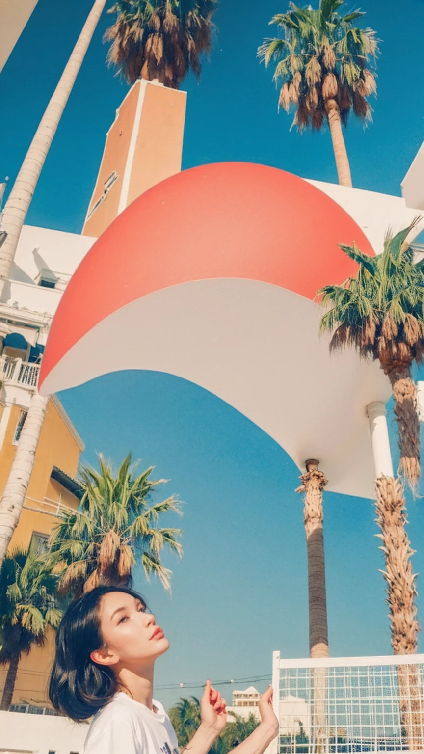 1 girl, beautiful, black bob hair, almond eye, no makeup, white tshirt, oversize_tshirt, peach tennis skirt in front of 80's architecture colorful motel,(from below:1.2), (realistic:1.2), (surreal:1.3), (very detailed:1.1), ((masterpiece)),summer, blue sky, palm trees,sunny, los angles vibes,