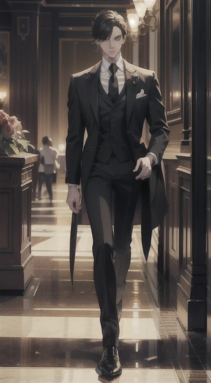 The male protagonist is a tall figure with high cheekbones, his face is graceful, his facial features are three-dimensional, his lips are red and his teeth are white, and his expression is confident and gentle. The lights are shining and the rhythm is cheerful, but he is calm and calm. He walked to the bar with a steady walk, his brows slightly furrowed, and sniffed the rose vase next to him with his nose. He looked very tasteful, and the people at the scene stopped to observe him. He gives those around him an indescribable temperament, with a dazed deep but confident glow. (Masterpiece), (Best Quality) (Super Fine), (Coiled Hair), (Illustration), (1 Boy), (Long Shot) (Full Body), Standing, Fashion Model, Looking at the Audience, Beautiful and Delicate Eyes, Delicate Beauty,