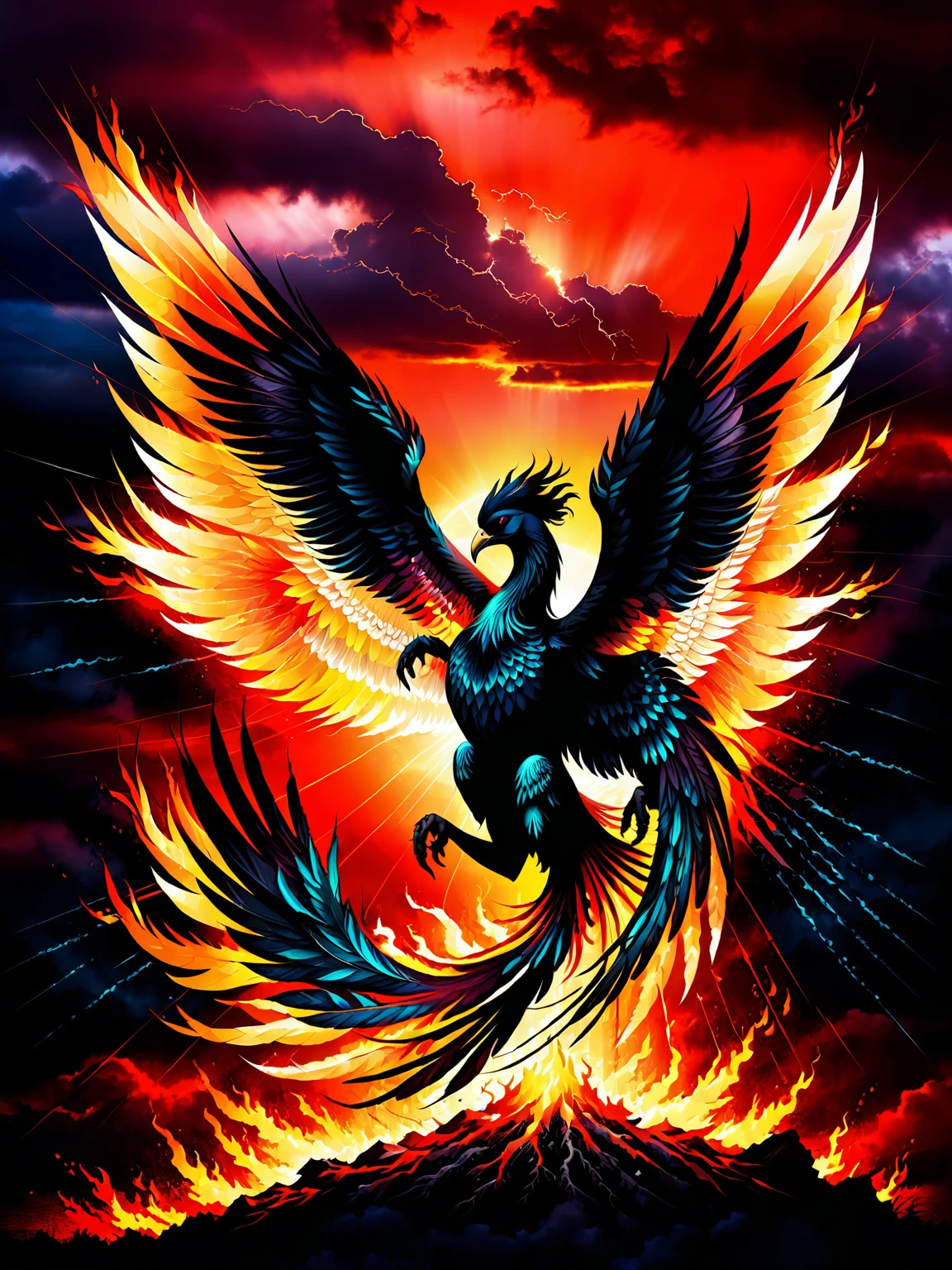 A phoenix rising from ashes,fly in the red sky under a black rain