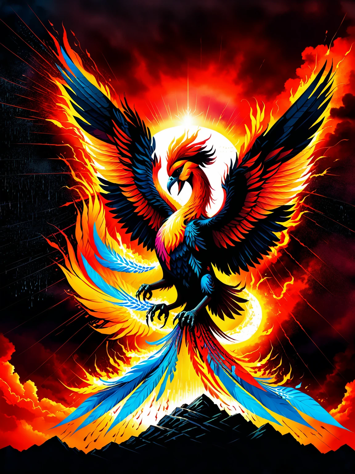 A phoenix rising from ashes,fly in the red sky under a black rain