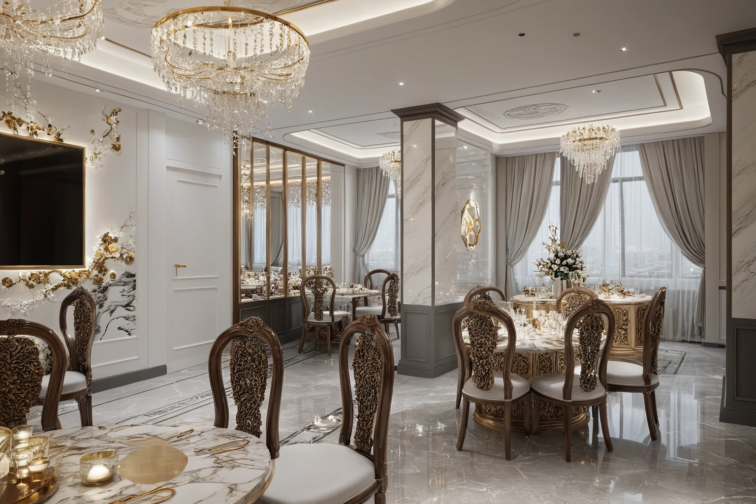 ,Masterpiece, Best quality,8K, Ultra-high resolution,When you step into the dinning room of restaurant room,Immediately surrounded by a rich atmosphere of luxury. The space  was covered with a soft white fluffy blanket,It is so comfortable,So much so that you can't help but indulge in it。Embellished with precious porcelain and white-off gold ornaments。Whenever it is late afternoon,The afterglow from the window spilled on the floor,Soft light and shadow are reflected,It was as if entering a dreamland. ((Wooden chair and table : 1.3)), ((COLUMN MIRROR : 1.3))