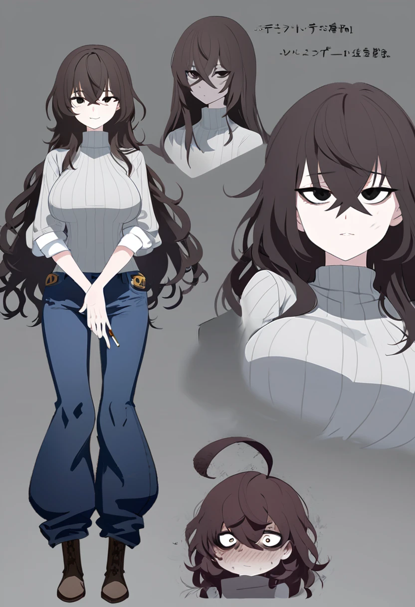 One Woman,Downer,older sister,Concept Art,Dark brown hair,Straight hair with slight inward curls,Staring eyes,Eye Ridge,black eye,Crossed bangs,whole body,smile,Larger breasts,Gray background,Bangs that reach down to the eyes,Messy hair,Tight dark jeans,Gray turtleneck sweater,Multiple views of the same character,Character Design,Dark circles under the eyes,Bad look,Listless,Sloppy,Silver Jewelry,Cafe staff,Holding a cigarette,whole bodyCharacter Design,Detailed hands,Height: 170cm,boots,Fleshy body,