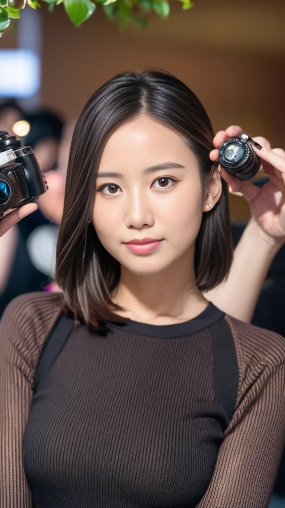 One woman、26 year old Japanese woman、news caster、(Wearing a tight fitting sweater、Knitted clothing)、(RAW Photos、Photos like the real thing:1.3)、((Highest quality、high resolution、High resolution、High definition、masterpiece、8K))、(Realistic、Clear photos:1.4)、News Studio、TV Recording、Staring at me with a beautiful smile、Medium Hair、Shiny Hair、Dark brown hair、Light makeup、Natural Makeup、Fair skin、Real skin texture、Detailed face、Dark brown eyes、Detailed lips、Bright lighting、indoor、Portrait、(Shooting with a SLR camera、Professional photos、Depth:1.3)、Long Shot、(Canon EOS)