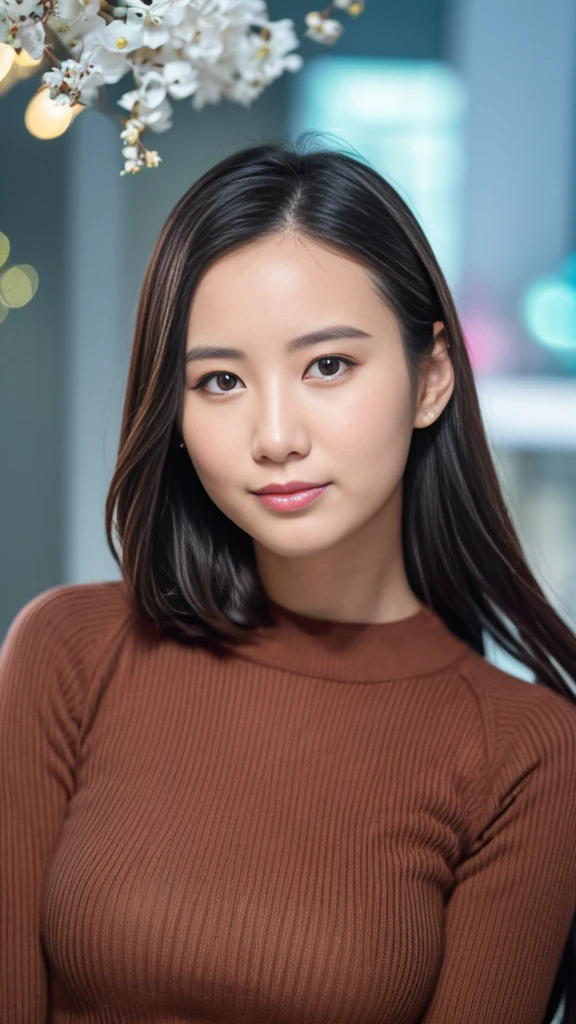 One woman、26 year old Japanese woman、news caster、(Wearing a tight fitting sweater、Knitted clothing)、(RAW Photos、Photos like the real thing:1.3)、((Highest quality、high resolution、High resolution、High definition、masterpiece、8K))、(Realistic、Clear photos:1.4)、News Studio、TV Recording、Staring at me with a beautiful smile、Medium Hair、Shiny Hair、Dark brown hair、Light makeup、Natural Makeup、Fair skin、Real skin texture、Detailed face、Dark brown eyes、Detailed lips、Bright lighting、indoor、Portrait、(Shooting with a SLR camera、Professional photos、Depth:1.3)、Long Shot、(Canon EOS)