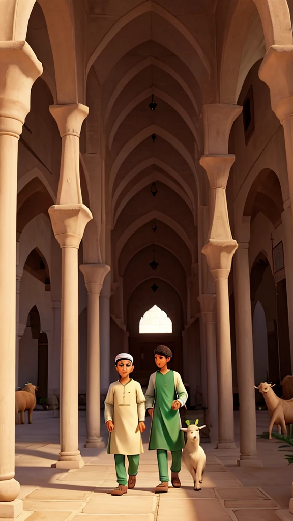 illustration of 2 young men in Muslim clothes herding goats, cows and camels in a mosque courtyard that is lush with plants