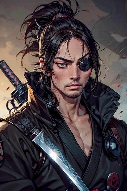 Samurai with an eye patch:2.0、Highly detailed face、Beautiful and detailed eyes、Beautiful and detailed lips、Extremely detailed eyes and face、Long eyelashes、knife、Japanese temple background、Dramatic lighting、Dark and muted colors、Cinematic composition、Digital Art、Hyperrealistic、Photorealistic、8k、Highest quality、masterpiece、bulgeJ8、musashi miyamoto