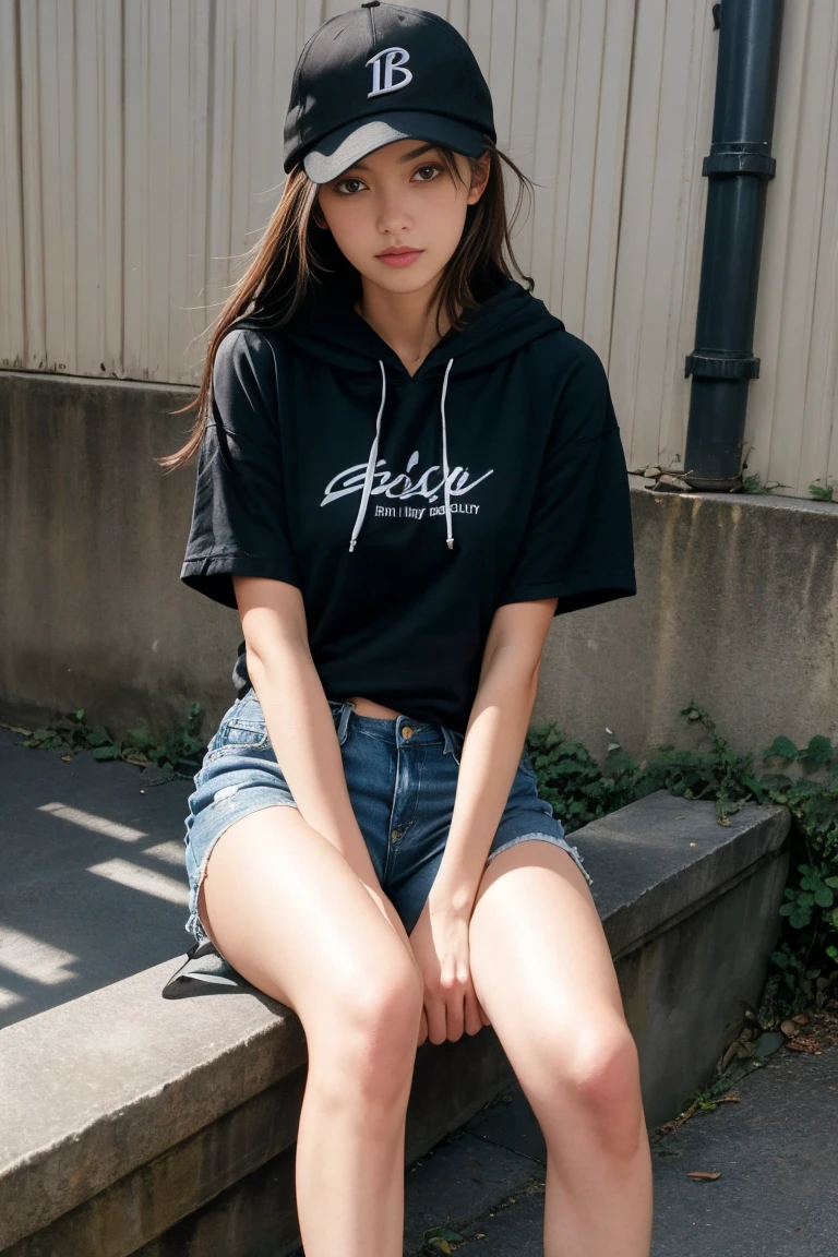 (best quality,realistic,ultra-detailed),a sexy and slim 18-year-old French brunette woman in black short sleeve hoodie, visible leg,sur un banc,short en jean,casquette