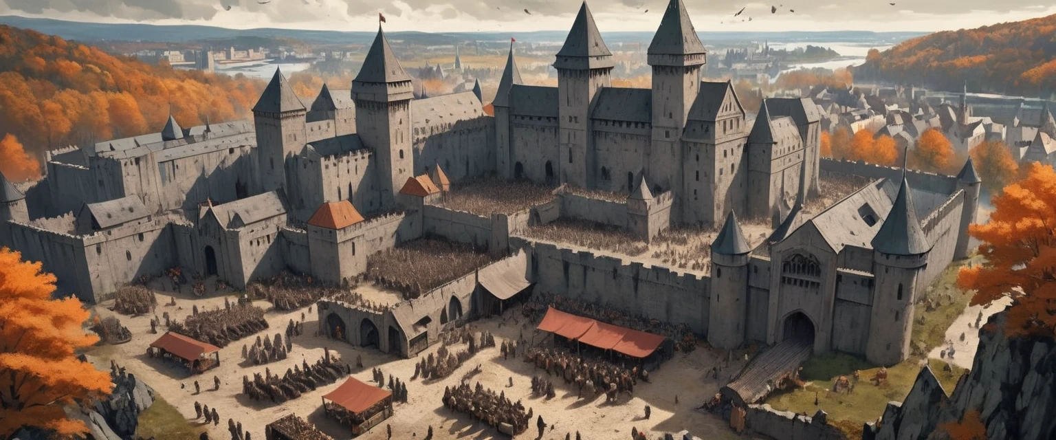 Medieval Viking invasion, Dark Hero Fantasy, Bold ink, A knight who is desperately seeking the return of the king, Daily life, Watch from above , A huge castle，There are people living inside, market, supplier, Traveler,cathedral, Army Base Camp, Brutalism, Vauban, vegetation, ancient,  Fall , Movie, Director&#39;s Cut, Great story, detailed, sharp, HD, HDR, best quality, Optimal resolution,( 2D, Color graphic novel illustrations:1.3), author：Todd McFarlane, cross hatch, Energetic, Flat Ink, Hard Shadows, Perfect lighting