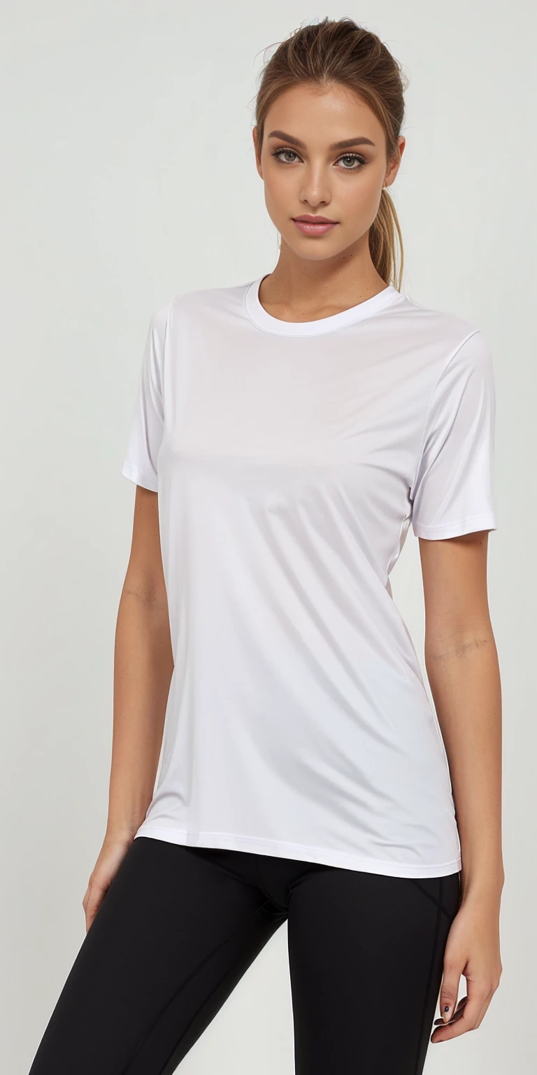 a woman in a camisa branca and black leggings poses for a picture, camiseta branca, plain camiseta branca, camiseta branca, camiseta branca, vestido com uma camiseta branca, dressed in a camiseta branca, vestindo uma camiseta, camisa branca, Roupas brancas, fine camisa branca, Topo branco, wearing a camisa branca, wearing camisa branca
