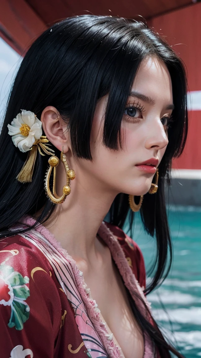 a person with long hair, red kimono, boa hancock, boa hancock from anime one piece, as an anime character, perfect anime face, she has black hair with bangs, female anime character, anime character, anime best girl, hime cut hairstyle, black hair, (red glossy lips:1.3), blue eyes, smile, sea background, (beautiful face:1.3)