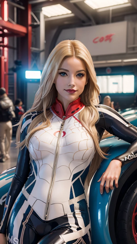 (best quality,ultra-detailed,photo-realistic:1.37),bright and vibrant colors,studio lighting,playful expression,stylish makeup,long blonde hair flowing in the wind,alluring eyes,glossy lips,sexy pose, Ducati, Racing Suit, smiling in a confident and seductive way,posing for a professional photoshoot,shallow depth of field,highlighting the main subject,soft natural lighting,creating a dreamy and magical atmosphere.