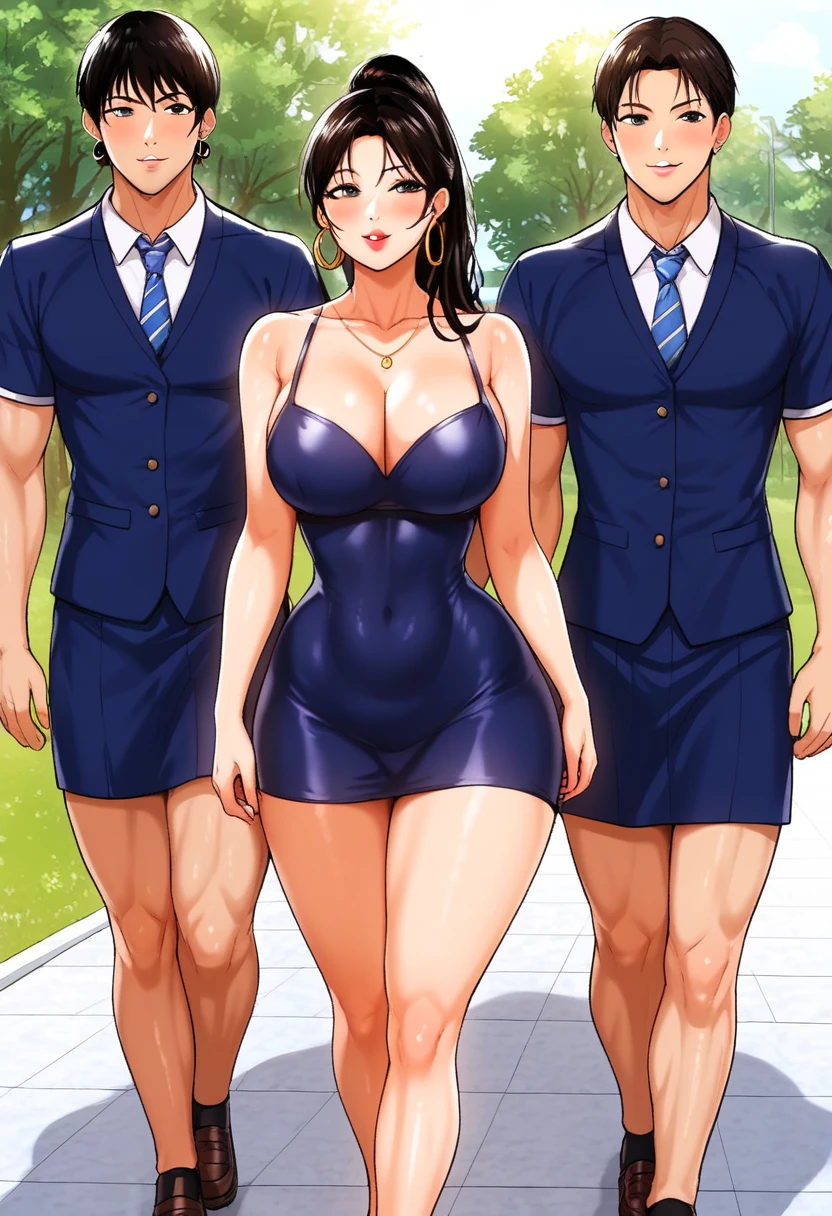 Hot beautiful sexy followed group of boys behind her,school dress, walking while swaying her waist,hoops earrings, lipstick