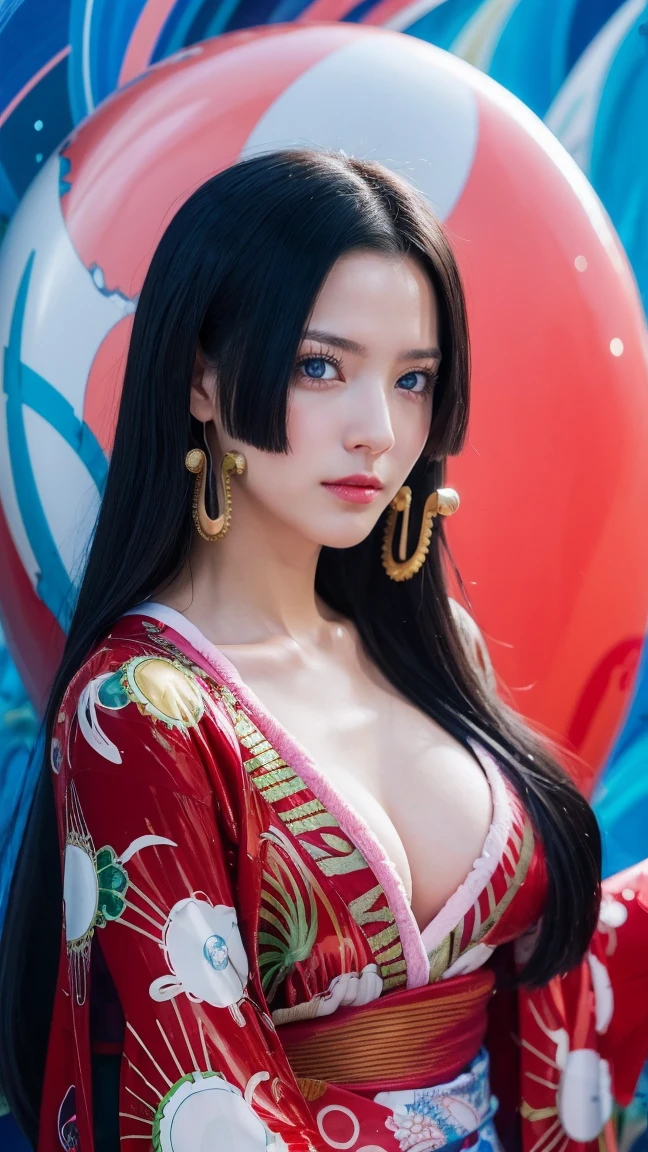 a person with long hair, red kimono, boa hancock, boa hancock from anime one piece, as an anime character, perfect anime face, she has black hair with bangs, female anime character, anime character, anime best girl, hime cut hairstyle, black hair, (red glossy lips:1.3), blue eyes, smile, sea background, (beautiful face:1.3)