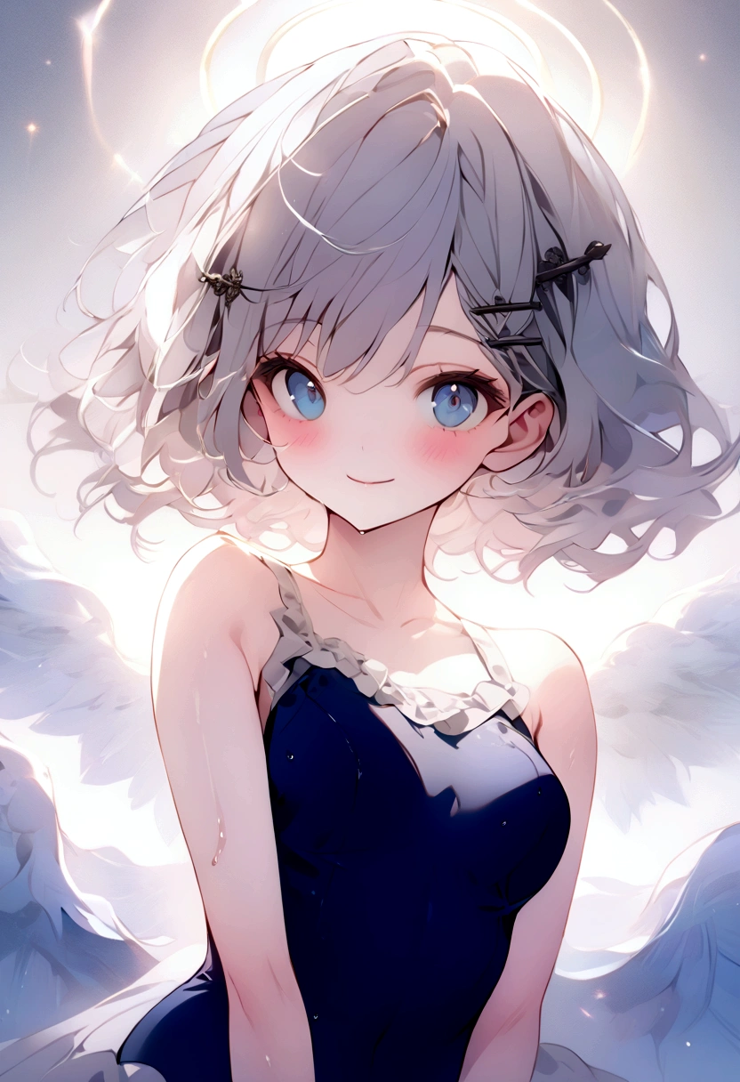 beautiful, masterpiece, Highest quality, anime, One girl, C Cup,Portrait Shot, View your viewers, Intricate details,>,((Covered、Short Hair、nearby、Blue Eyes、art、White hair,Blue streaked hair、wallpaper、hairpin、smile、silk_White frilly school swimsuit、Wet、whole body