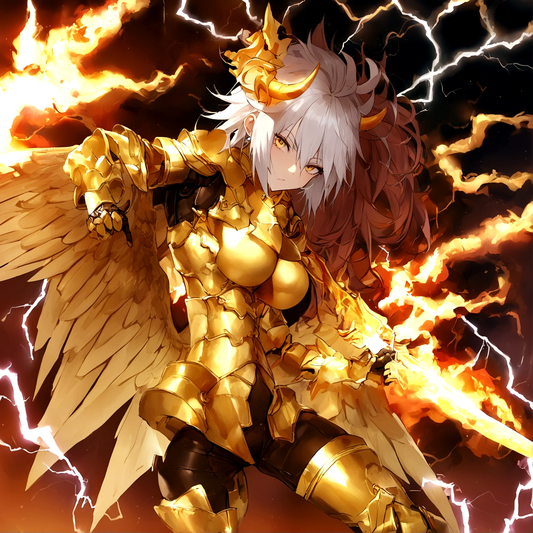 ((Lightning Power)), ((Electricity)), ((Fire Background)), ((Lightning Storm)), ((Power Erupting)), ((((android 21)))), (((Evil Power))), (((white Coat))), (((Busty))), (((((Big breast:1,3)))), luxury bustier corset, (((silver hair))), (((Very slim waist))), propotional body, ((Gorgeous)), (((Fire Blazing Horns))), ((((gold wings))), masterpiece, hyperdetail, ambient effect, digital effect, (((FIRE SWORD)), (((Lightning Sword))), (((Fire Gold Armor))), (((Lightning Gold Wings)))