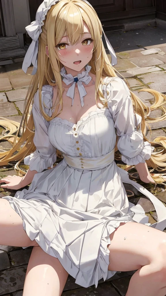 ((Highest quality)), ((masterpiece)), (detailed), Perfect Face, Anime Girls, High resolution, victorian anime teenager, White and yellow dresses, blonde, Yellow Eyes, London, Are standing, whole body、, blush, wariza, Spread your legs,orgasm,blush, Sweat,White panties、Squat、Look at this、skirt、、Attacked by tentacles、Tentacles wrap around my legs、Tentacles in the crotch、Captured by tentacles、cry、shout、Ecstasy face、skirtの中の触手、Do not run away、Lying down、Torn clothes、skirtの下からスパッツが見えます、Spread your legs、Disheveled clothing、skirtをめくった、