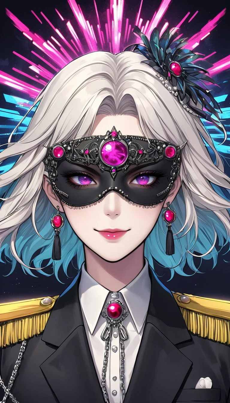 (Digital Illustration，Detailed anime style，Heavy Metal Cyberpunk，Pearl tassel eye mask，Girl wearing an eye patch，Queen aura，Solitary，symmetry)，(Fashionable and exquisite facial features，Exquisite makeup，Smooth skin，Smile，Soulful gaze，)，(Hair Bunch)，(Black suit，Epaulettes-Chain，cool，)，(((Correct human anatomy)))，Radioactive geometric dynamic light wave background，Top fireworks