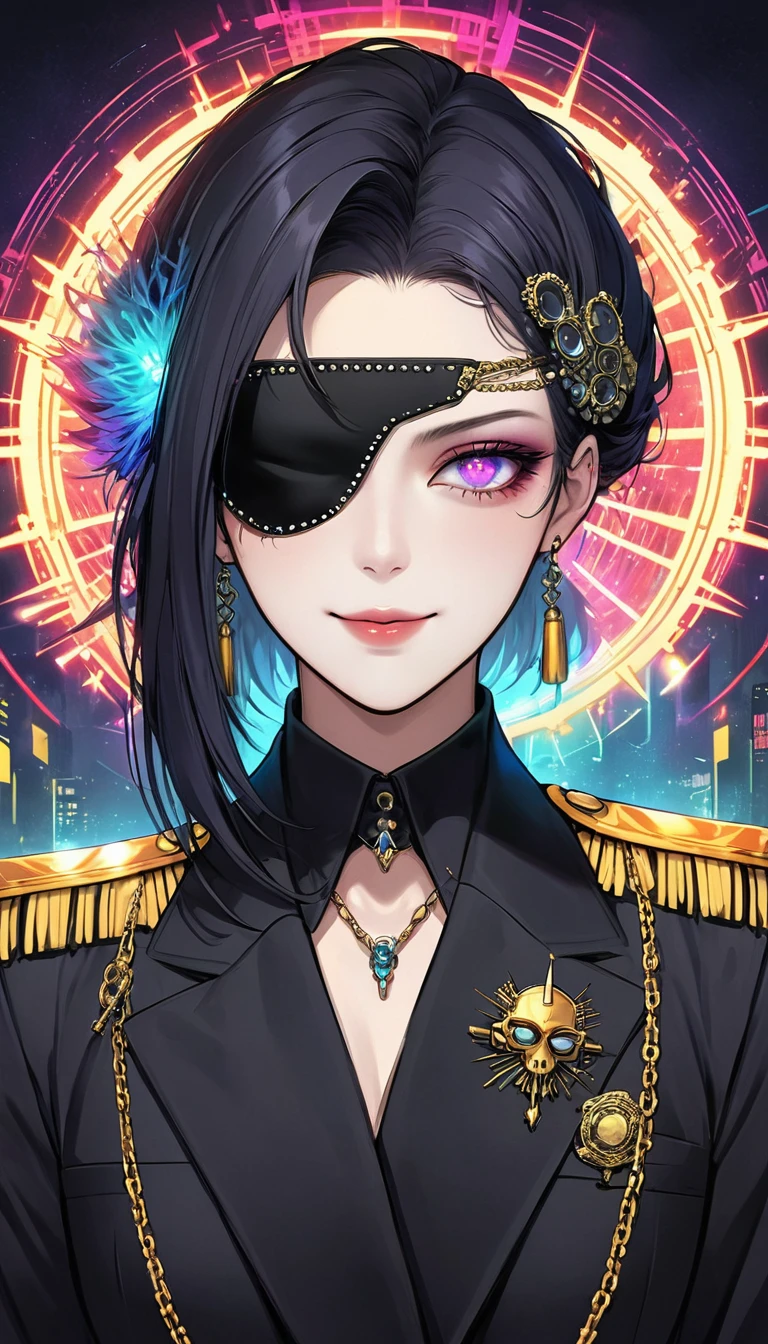 (Digital Illustration,Detailed anime style,Heavy Metal Cyberpunk,Pearl tassel eye mask,Girl wearing an eye patch,Queen aura,Solitary,symmetry),(Fashionable and exquisite facial features,Exquisite makeup,Smooth skin,Smile,Soulful gaze,),(Hair Bunch),(Black suit,Epaulettes-Chain,cool,),(((Correct human anatomy))),Radioactive geometric dynamic light wave background,Top fireworks