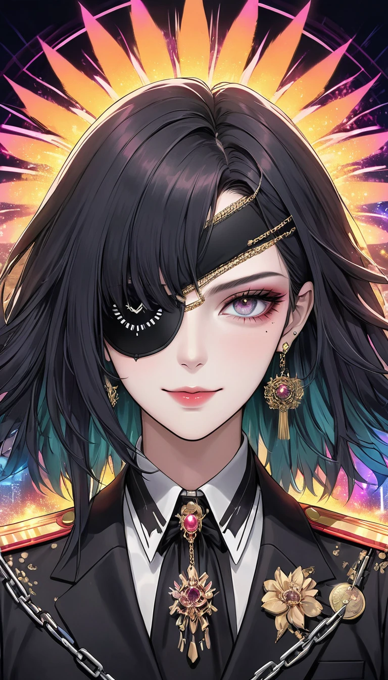 (Digital Illustration,Detailed anime style,Heavy Metal Cyberpunk,Pearl tassel eye mask,Girl wearing an eye patch,Queen aura,Solitary,symmetry),(Fashionable and exquisite facial features,Exquisite makeup,Smooth skin,Smile,Soulful gaze,),(Hair Bunch),(Black suit,Epaulettes-Chain,cool,),(((Correct human anatomy))),Radioactive geometric dynamic light wave background,Top fireworks
