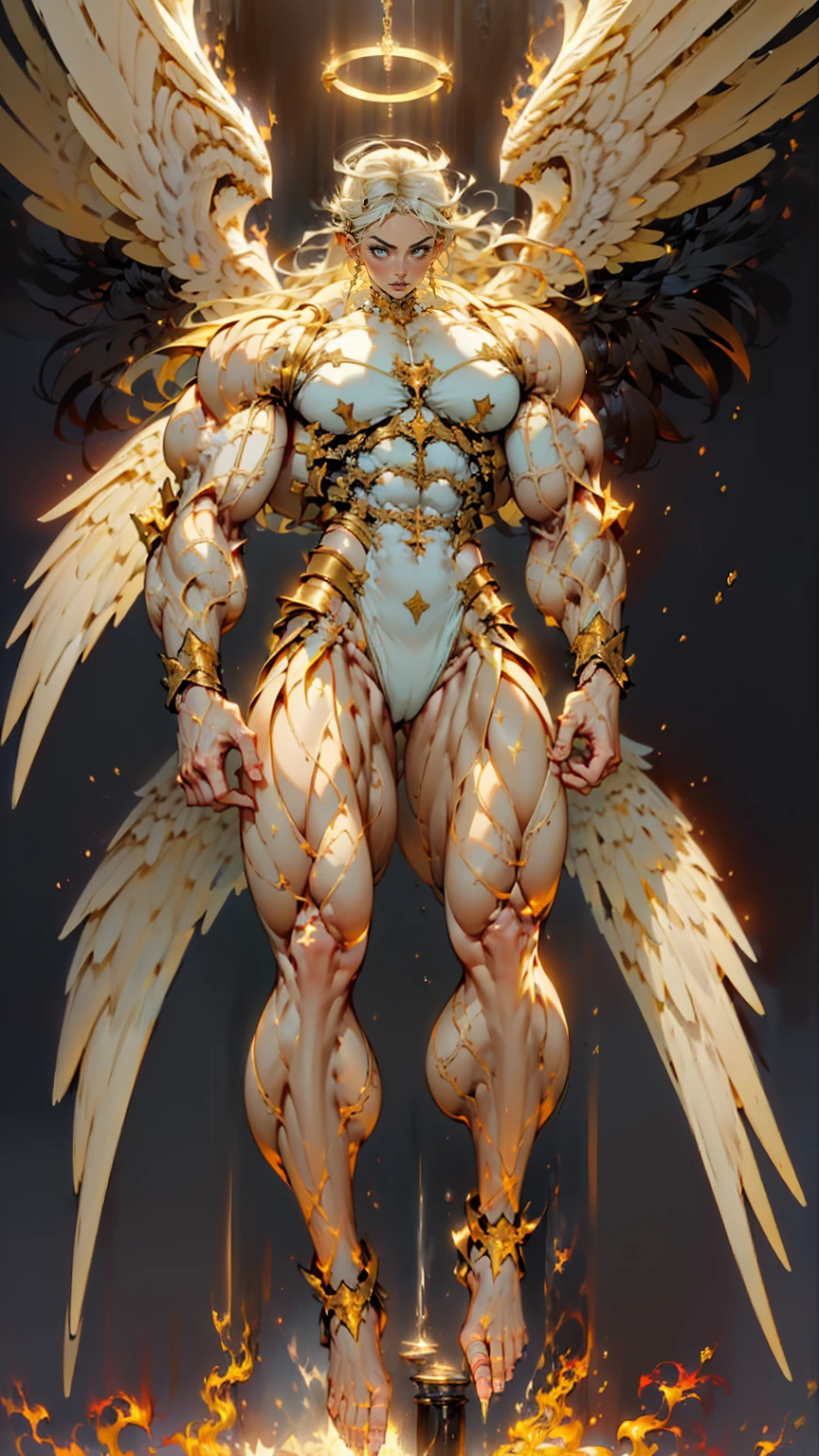 (cara delevingne), ((((((1 muscular angel girl)))))), (((huge upper body))), long hair, ((((huge angelic wings))), (((pale skin))), ((((full body front view)))), (((perfect hands, perfect fingers))), (((empty background)))