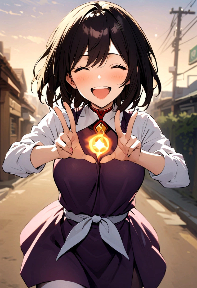 (anime screencap:1.2), masterpiece, best quality, ultra detailed 8k, (cute girl with one braid:1.2), (dark brown hair, (low ponytail, one braid), braid with ribbon), , light brown eyes, sparkling eye, droopy eyes, glasses, happy smile, large breasts, (many sparkles, sparkle:1.4), (heart hands, spoken heart, many hearts, giving hearts at viewer),
BREAK
simple black t-shirt, upper body, from front, dynamic angle, simple background