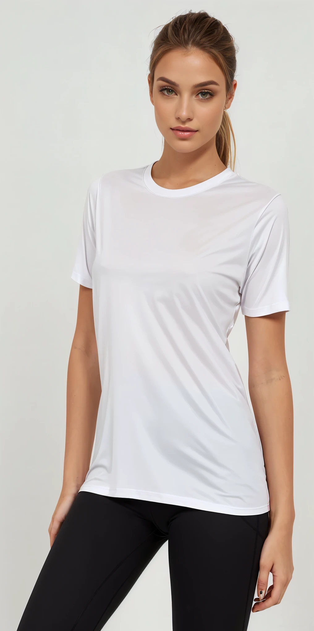a woman in a camisa branca and black leggings poses for a picture, camiseta branca, plain camiseta branca, camiseta branca, camiseta branca, vestido com uma camiseta branca, dressed in a camiseta branca, vestindo uma camiseta, camisa branca, Roupas brancas, fine camisa branca, Topo branco, wearing a camisa branca, wearing camisa branca