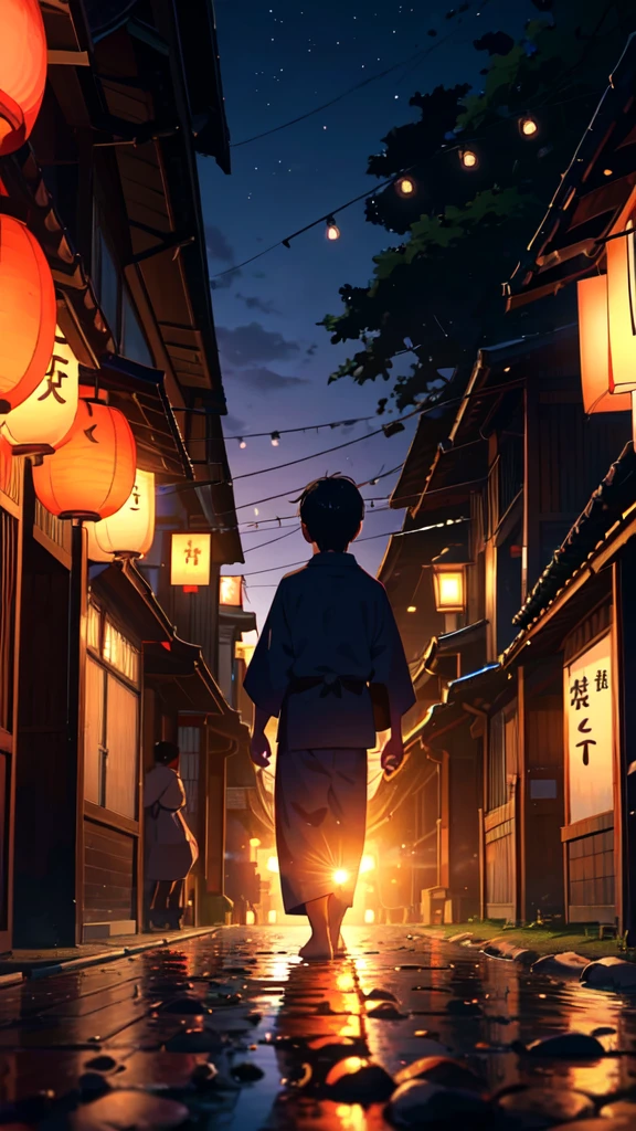 Summer festival, row of lanterns, Japanese, little boy in Navy blue yukata, dusk,Back view,Gravel road
