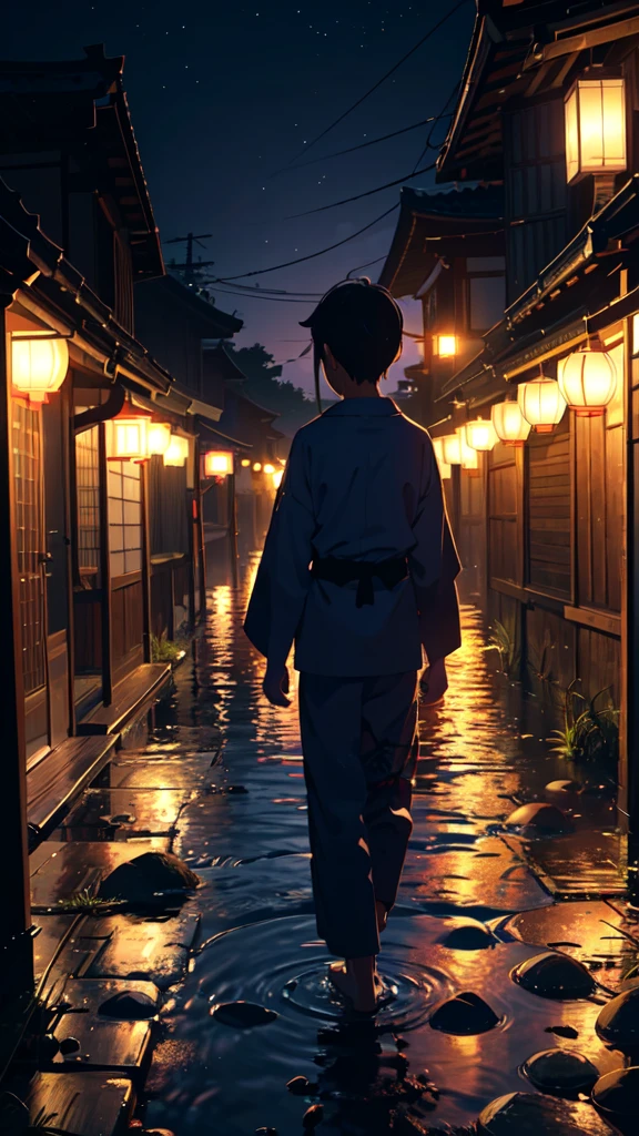 Summer festival, row of lanterns, Japanese, little boy in Navy blue yukata, dusk，Back view，Gravel road