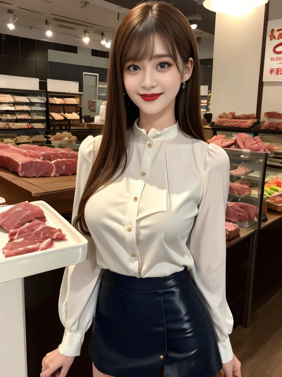 ((Highest quality, 8k, Representative works in detail, Ultra-high resolution)), (Looking at the audience), (Full body portrait), Attractive woman, ((Big Breasts)),  smile, ((Black choker)), Slim figure, (blue eyes), Long eyelashes, bangs, Beautiful shiny brown hair, Nogizaka Idol, Slim face、((Ivory white blouse、mini skirt)), Meat department、Millionaire's daughter、noble、Straight Hair、((Beef on a tray、Raw meat、Red lipstick))