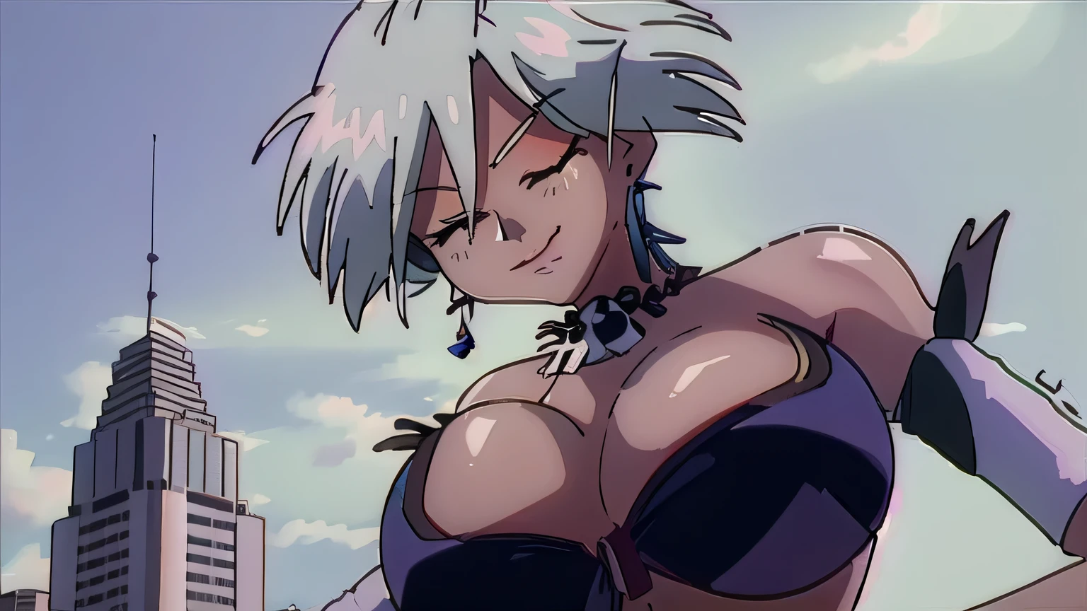 gigantic breasts,bursting breasts,cleavage cutout,cute smile,shy,one eye closed,cosplay as Mii giantess,walk around city ,masterpiece, best quality, 1girl, mii, blonde hair, short hair, blue eyes, earrings, necklace, dark skin, bikini, large breasts, cleavage, upper body, smile, sketch, looking at viewer, simple background, retro artstyle, 1980s \(style\), 1990s \(style\)