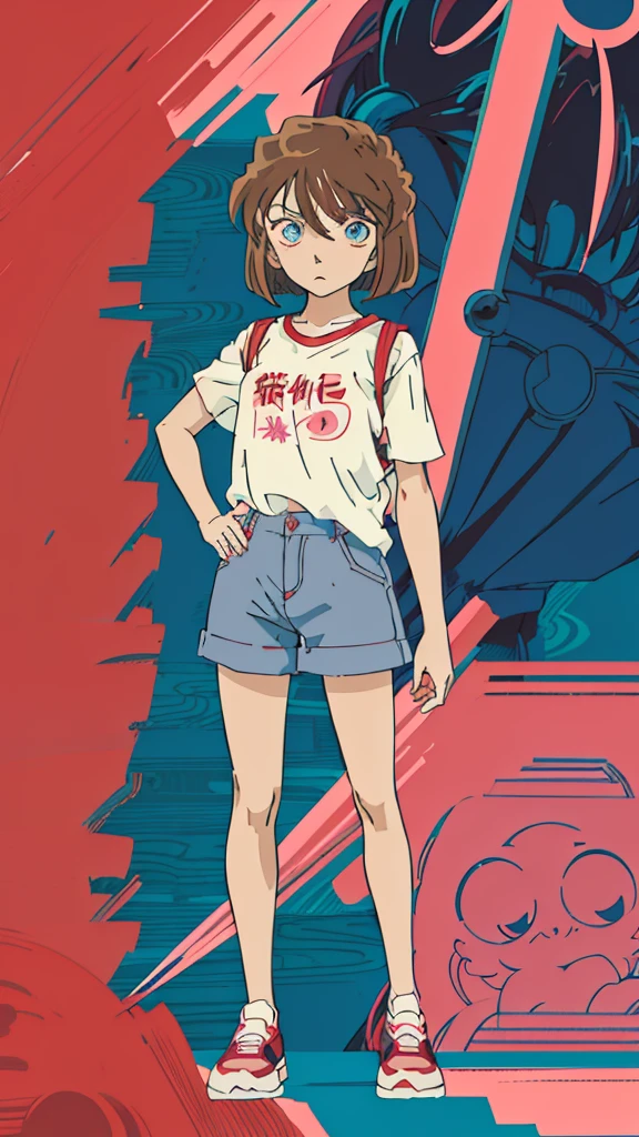 anime style, (1girl in, Solo:1.0), (Haibara Ai), ((Short pants)), (((Big eyes))), (Cute anime girl head), (flat chest),looking at viewer,With a height of 100cm, shoot from front, (head shot), Simple line minimalism, Abstract Art, City background