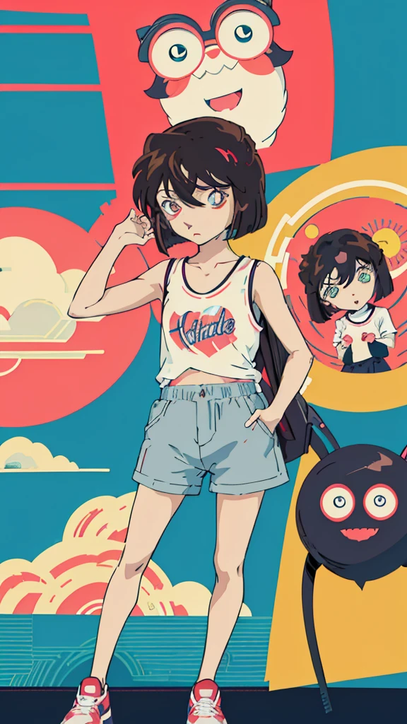 anime style, (1girl in, Solo:1.0), (Haibara Ai), ((Short pants)), (((Big eyes))), (Cute anime girl head), (flat chest),looking at viewer,With a height of 100cm, shoot from front, (head shot), Simple line minimalism, Abstract Art, City background
