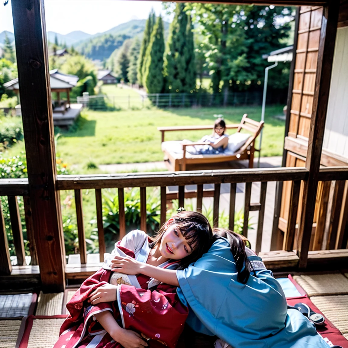 ((最high quality, 8k, masterpiece: 1.3, Ultra HD, high quality, 最high quality, High resolution, realism)) 、Beautiful Japan woman at 22 years old、Straight hair、smile、Slender body、Wear accessories on your wrist、Sitting on the balcony of a Japanese house in the countryside of Japan、(Sleeping on my back directly on the balcony:1.4)、summer、Wind chimes are hanging from the eaves.、barefoot、fan、In front of the balcony is a courtyard.、wear a Yukata