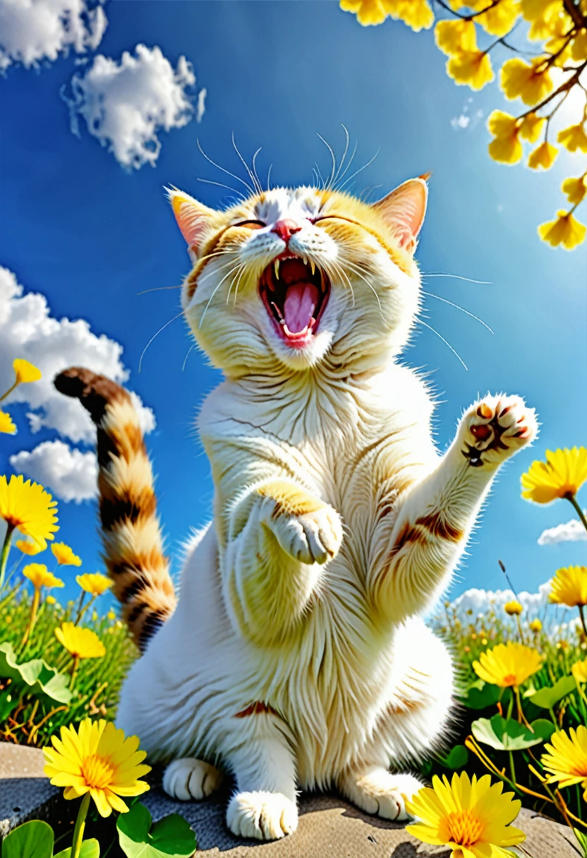 A cat yawning after waking up、Three-haired cat、It is stretching with its mouth open and its front legs forward.、 Pastel sky、Spring Sky、Dandelion flower、 ginkgo leaf, Slope, Slope background, Slope sky, Cats with missing stretches、Gives viewers a warm feeling, Yellow Flower々, Spring background, Many colours in the sky, alone, blue sky、 Early Afternoon, Many color background, Chaotic colored sky, Malachite's Theme, Pop Surrealism , Highest quality、Cracked Texture、pop surrealism
pop art
drawing、Fractal Art