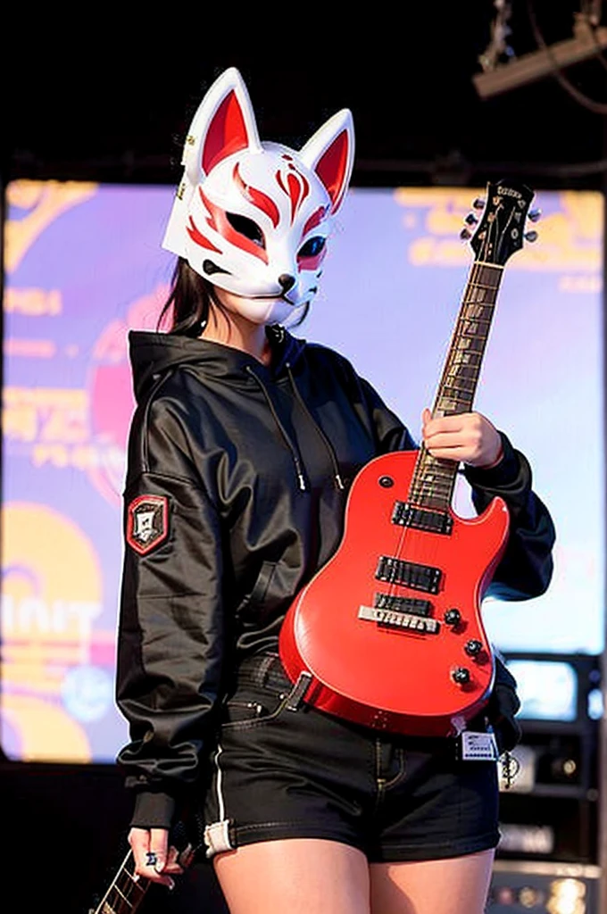 night, Guitarist, Holding an electric guitar, Fox mask A person wearing a fox mask on his face, woman, Punk Fashion, Shorts, play the guitar, band