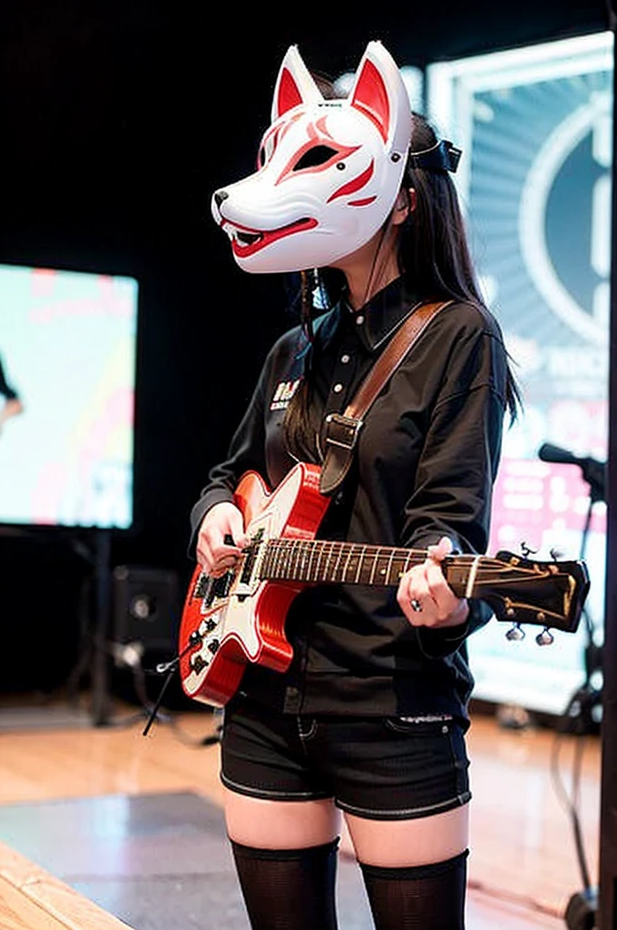 night, Guitarist, Holding an electric guitar, Fox mask A person wearing a fox mask on his face, woman, Punk Fashion, Shorts, play the guitar, band