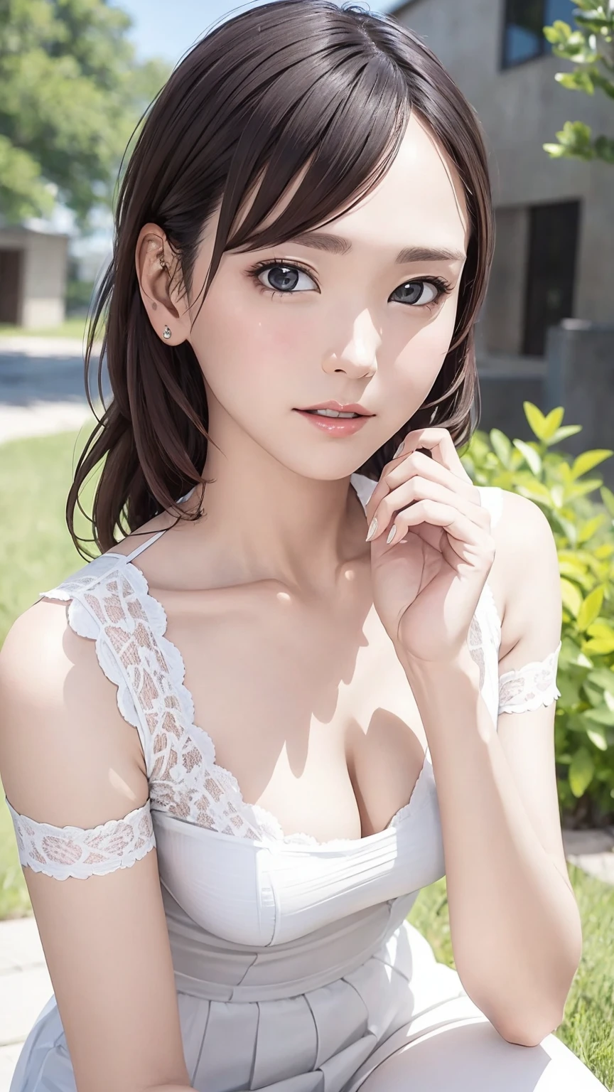 Girl in summer clothes, White blouse, Tight check pattern, As if I wanted to kiss you, (Girl crouching and looking at the camera), Medium chest, Cleavage, Random Background, Sexy expression, ((Very detailed)), (Perfectly detailed face), (Detailed and well-drawn hand) Photorealistic images.