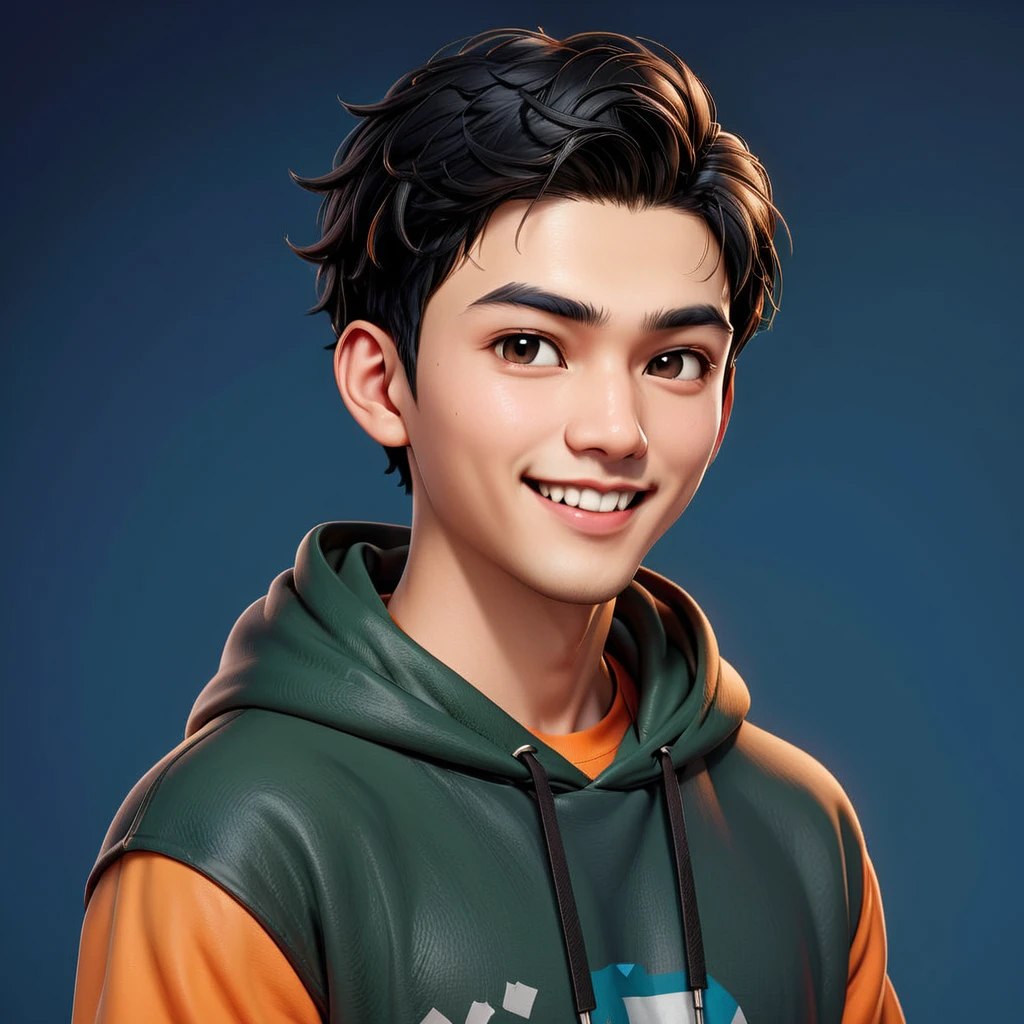 Create a cartoonish caricature 3D animation of a big-headed. a 19 year old Indonesian man. She has short black pixie cut hair. His face is oval with smooth lines, thick and neat black eyebrows, normal eyes, a small, sharp nose, and thin lips with a wide, friendly smile. He wore a dark green hoodie over an orange t-shirt. Gradient blue background. masterpiece, top quality, highly detailed skin and face, ultra-realistic, high definition, sharp focus, 2/3 body angle, Concept Art.