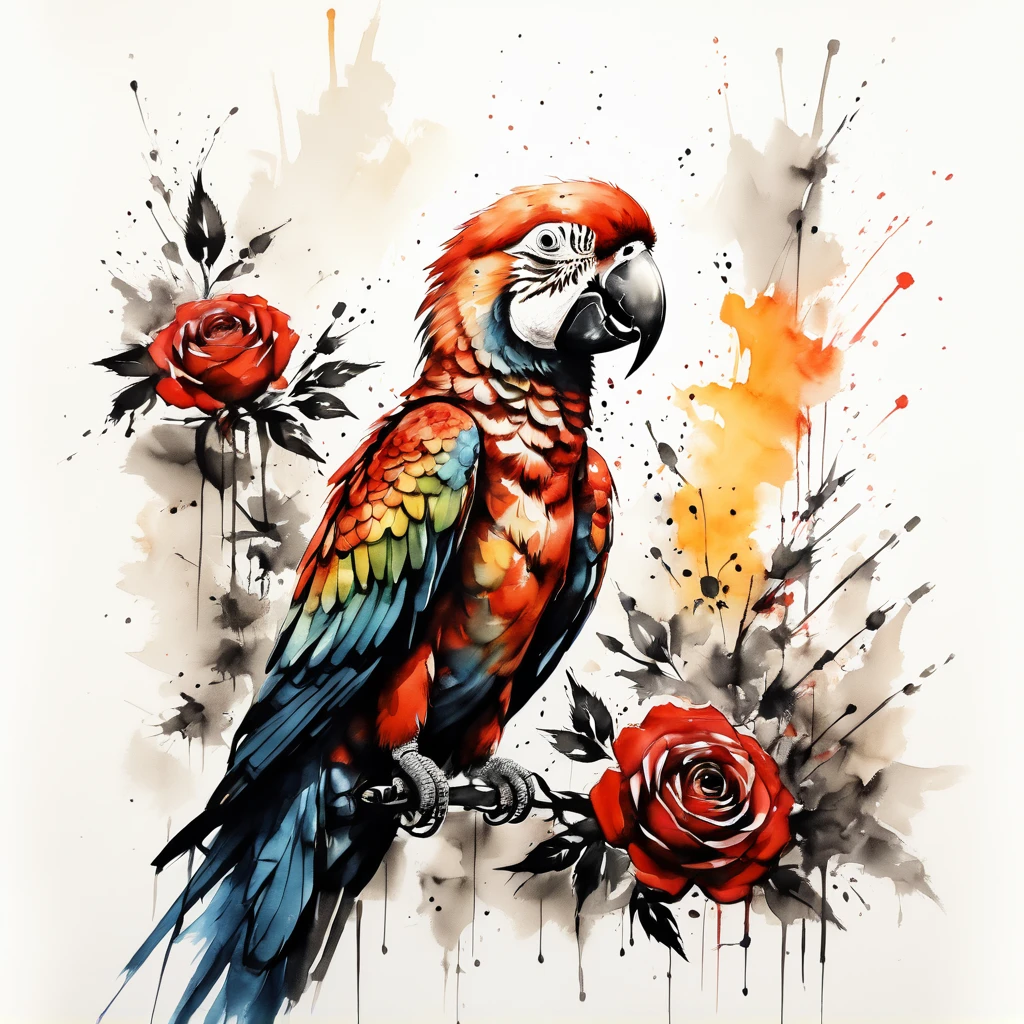 arte vetorial, Colorful illustration with parrot and roses, no centro, cores vibrantes,arte do grafite,respingos de tinta,Selvagem e desenfreado,rico e colorido,impacto visual,Super detailed modern aesthetic,