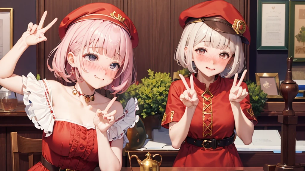 peace sign,(masterpiece, best quality), intricate details, 1girl, chika, short hair, dress, red dress, hat, witch hat, belt indoors,ahg rolling eyes tongue((((blush)))),(cleatched teetch)