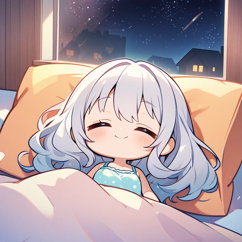 masterpiece、Highest quality、Depth of subject、２D illustration、1 beautiful girl、solo, (((chibi style)))、cute chibi, lovely chibi, ((night)), ((window)), ((starry sky)), Long, beautiful hair、Shiny silver hair、cute、Beautifully detailed eyes、((blanket))、((colorful))、Camisole dress、((happy smile))、sleeping on bed, ((close up shot))、((Asleep in bed)), ((in the room))、((There&#39;s a lot of pink around))、((closed eyes))、Thighs、((vivid color))、sparkle、((Lens flare))、