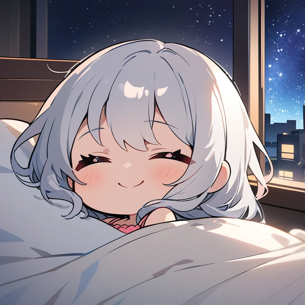 masterpiece、Highest quality、Depth of subject、2D illustration、1 beautiful girl、solo, (((chibi style)))、cute chibi, lovely chibi, ((night)), ((window)), ((starry sky)), Long, beautiful hair、Shiny silver hair、cute、Beautifully detailed eyes、((blanket))、((colorful))、Camisole dress、((happy smile))、sleeping on bed, ((close up shot))、((Asleep in bed)), ((in the room))、((There's a lot of pink around))、((closed eyes))、Thighs、((vivid color))、sparkle、((Lens flare))、
