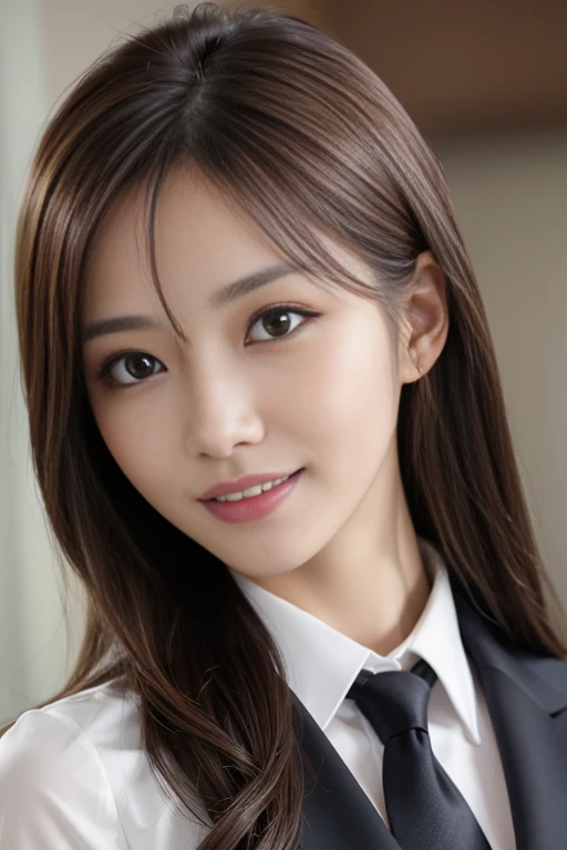 masutepiece, Best Quality, Photorealistic, Ultra-detailed, finely detail, High resolution, 8K Wallpaper, 1 beautiful woman,, light brown messy hair, in a business suit, sharp focus, Perfect dynamic composition, Beautiful detailed eyes, detailed hairs, Detailed realistic skin texture, Smiling, Close-up portrait, Model body type