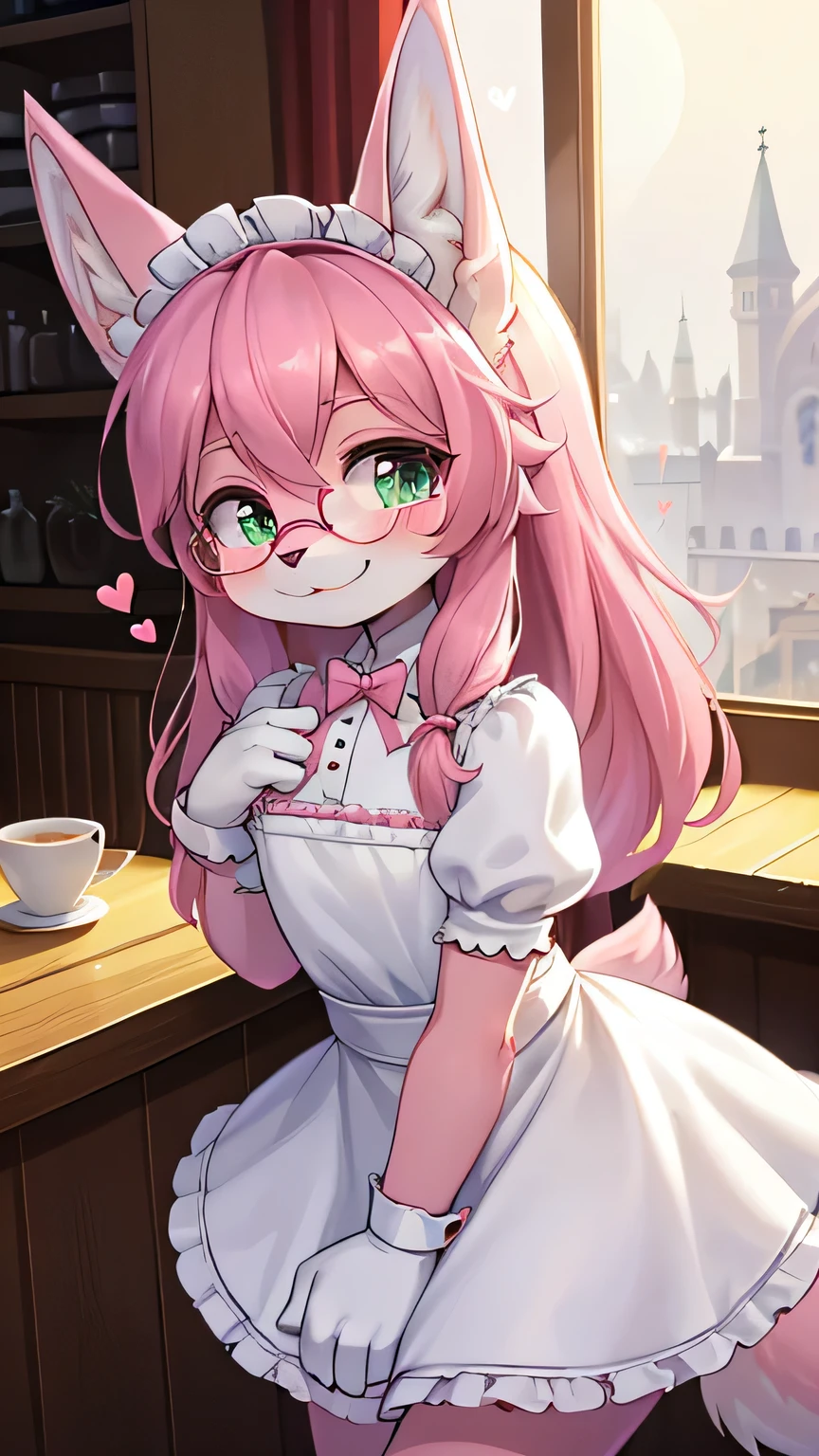 Best Quality,Better resolution,(fluffy hairy antrum :1.6),(young :1.6), fox girl,small breasts,wavy fur,curvy hair,by the wide,Pink bunny ears,pink rabbit tail,(pink fur :1.6),green eyes,bright Eyes,bright Eyes,huge circular glasses,maid outfit,maid headdress,(White Maid Gloves),(WHITE SOCKS),ribbon bow tie,looking at the viewer,full face blush,beautiful coffee,romantic light,Light and shadow,heart eyes,heart expression eyes,seductive face,smile,Stop,pose sexy, opening your legs