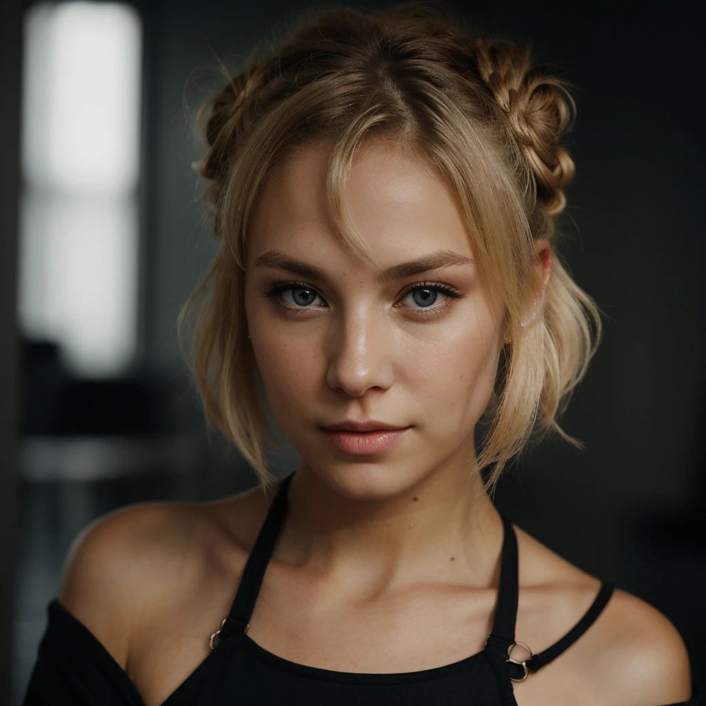 an eye contact of a blond with bun hair and dark theme
